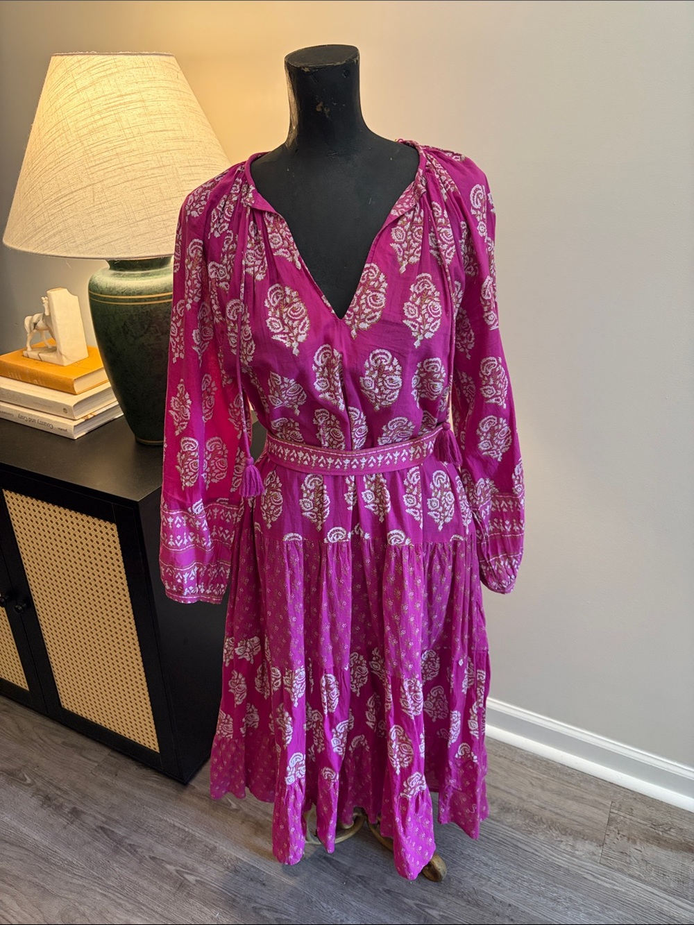 Celobella Resortwear 100% Organic Cotton Fuchsia Tie Waist Midi Dress Medium